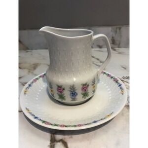 Mitterteich Bavaria Creamer, plus saucer Floral on white Pointelle design Vtg